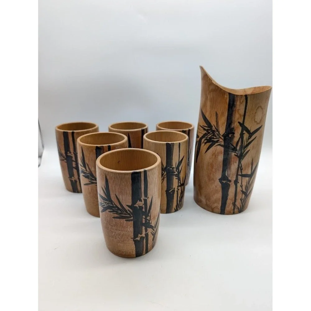 7 Set Vtg Natural Bamboo Cups Pitcher Hand Painted Made in Japan MCM Bar Tiki